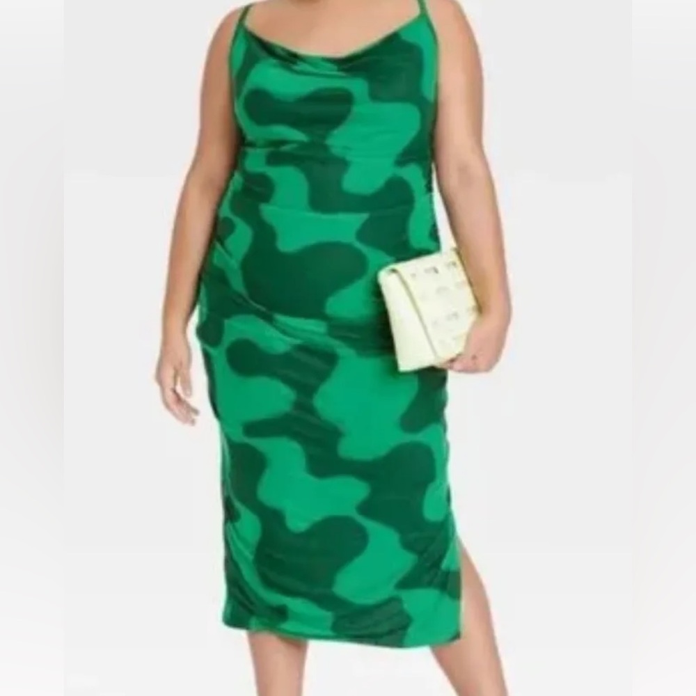 AVA & VIC RUCHED SLEEVELESS MESH DRESS IN GREEN PRINT !! NEW WITH TAGS🔥 SIZE:2X